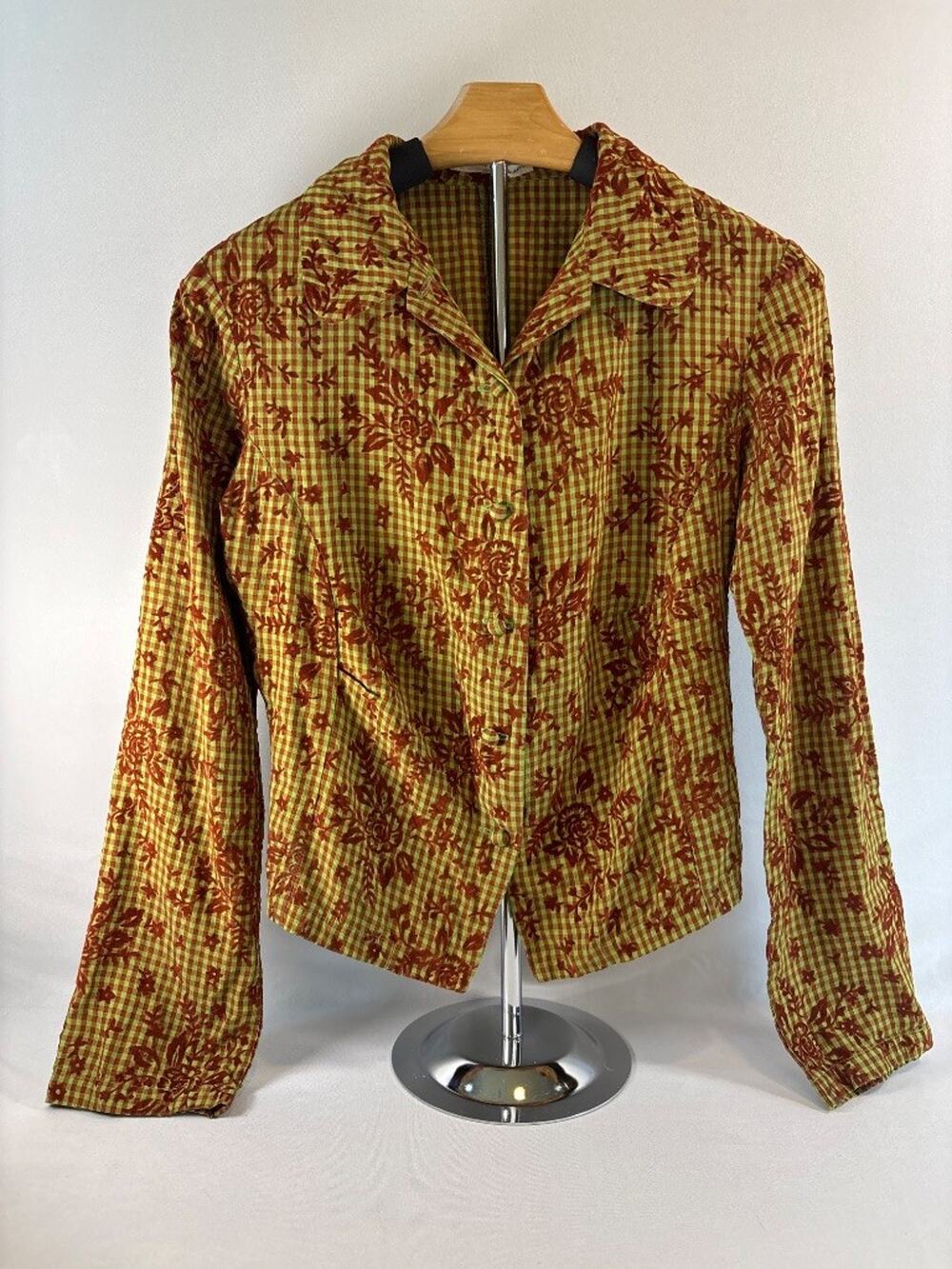 Hiromichi Nakano Gingham Floral Print Jacket Top Size S Cottagecore Button-Up